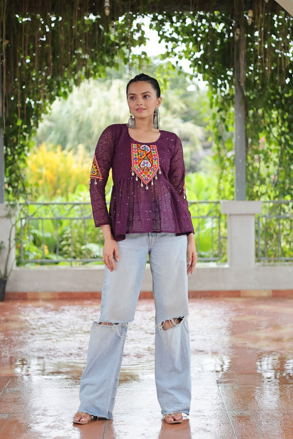 Navratri Special Georgette Schiffli Peplum Top with Kutchi Gamthi Patch Work ClothsVilla