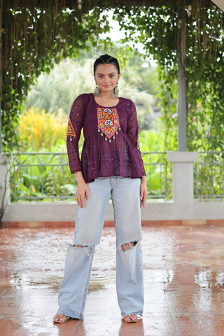 Navratri Special Georgette Schiffli Peplum Top with Kutchi Gamthi Patch Work ClothsVilla