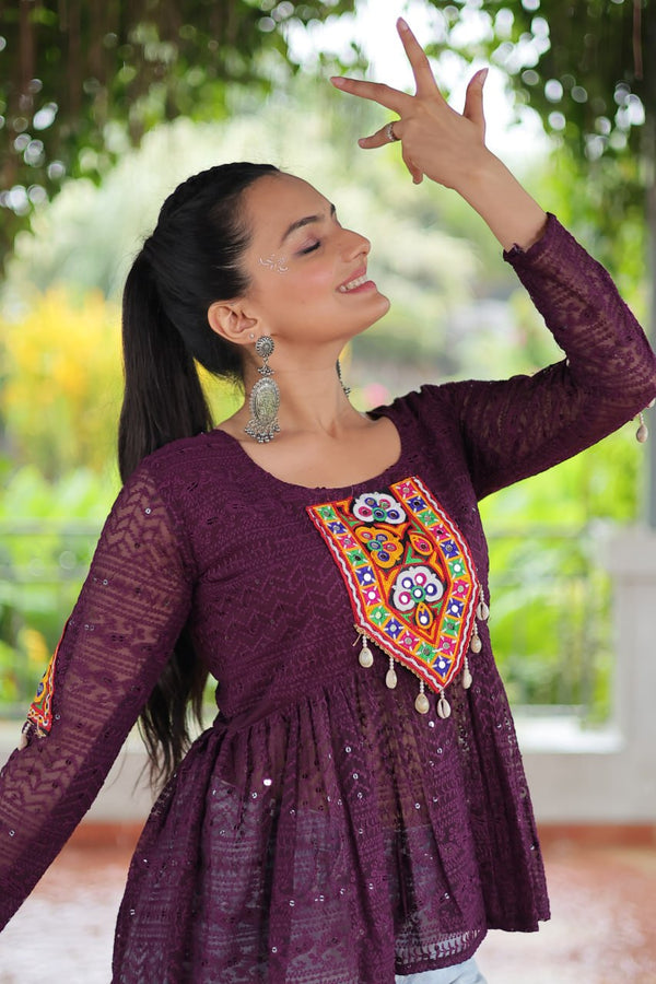 Navratri Special Georgette Schiffli Peplum Top with Kutchi Gamthi Patch Work ClothsVilla