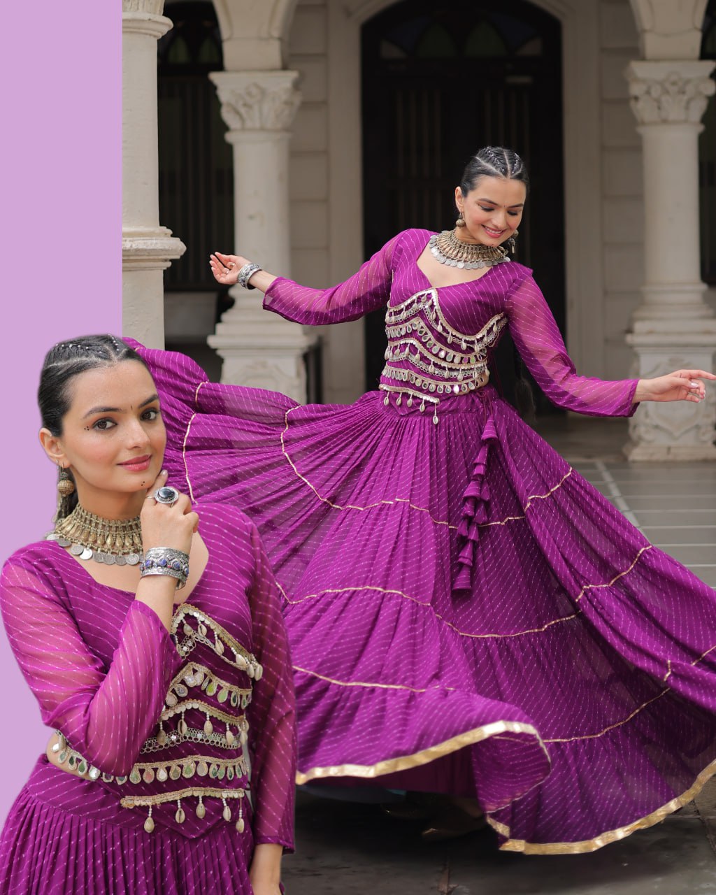 Purple Navratri Special Leheriya Print Lehenga Choli with 12 Mtr Flair & Mirror Lace Work ClothsVilla