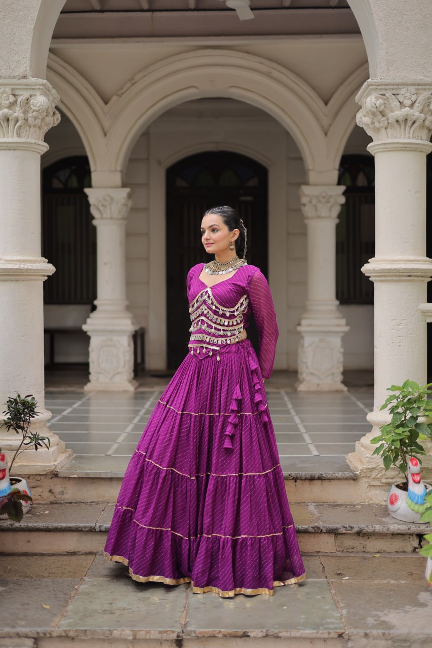 Purple Navratri Special Leheriya Print Lehenga Choli with 12 Mtr Flair & Mirror Lace Work ClothsVilla