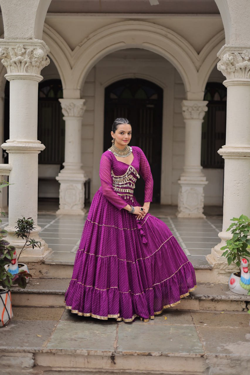 Purple Navratri Special Leheriya Print Lehenga Choli with 12 Mtr Flair & Mirror Lace Work ClothsVilla
