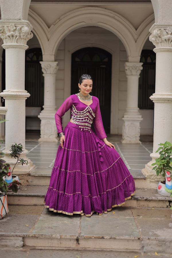 Purple Navratri Special Leheriya Print Lehenga Choli with 12 Mtr Flair & Mirror Lace Work ClothsVilla