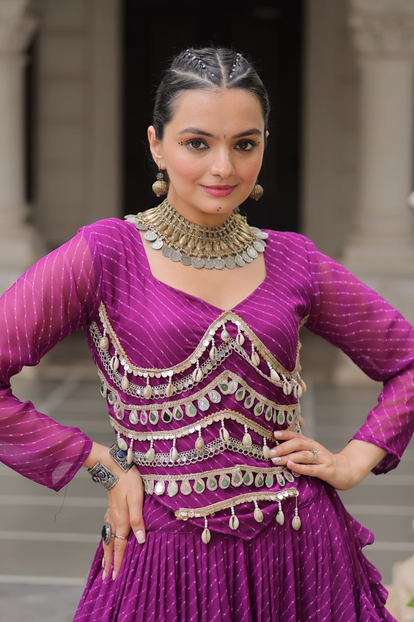 Purple Navratri Special Leheriya Print Lehenga Choli with 12 Mtr Flair & Mirror Lace Work ClothsVilla