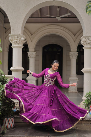 Purple Navratri Special Leheriya Print Lehenga Choli with 12 Mtr Flair & Mirror Lace Work ClothsVilla