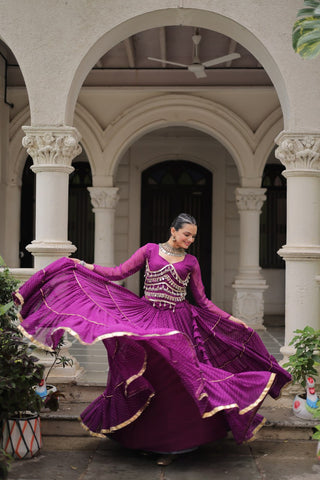 Purple Navratri Special Leheriya Print Lehenga Choli with 12 Mtr Flair & Mirror Lace Work ClothsVilla