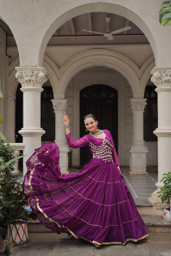 Purple Navratri Special Leheriya Print Lehenga Choli with 12 Mtr Flair & Mirror Lace Work ClothsVilla