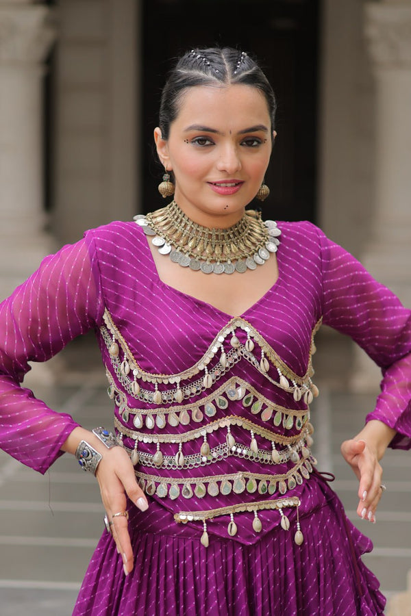 Purple Navratri Special Leheriya Print Lehenga Choli with 12 Mtr Flair & Mirror Lace Work ClothsVilla