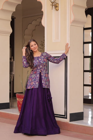 Purple Premium Vichitra Silk Lehenga Set with Jequard Blouse & Hexagon Latkan Detailing ClothsVilla