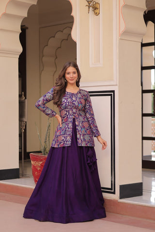 Purple Premium Vichitra Silk Lehenga Set with Jequard Blouse & Hexagon Latkan Detailing ClothsVilla