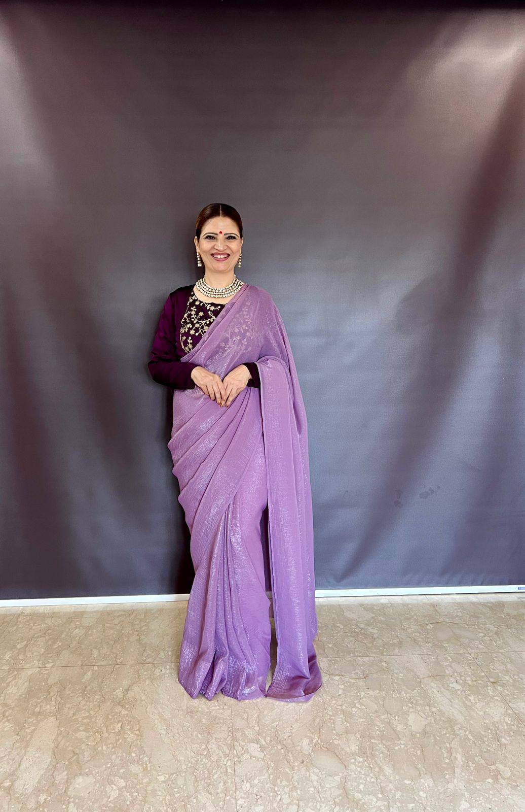 Purple Sleeveless Charm, Jacketed Grace – Sparkle Silk Saree Set with Kasturi Silk Blouse & Koti ClothsVilla