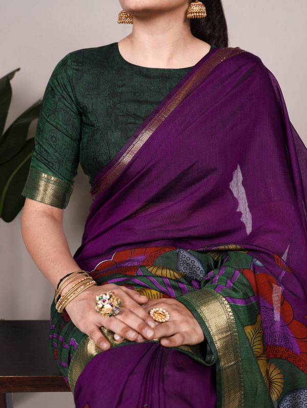 Purple Traditional Floral Printed Chanderi Saree with Zari Weaving Work Clothsvilla