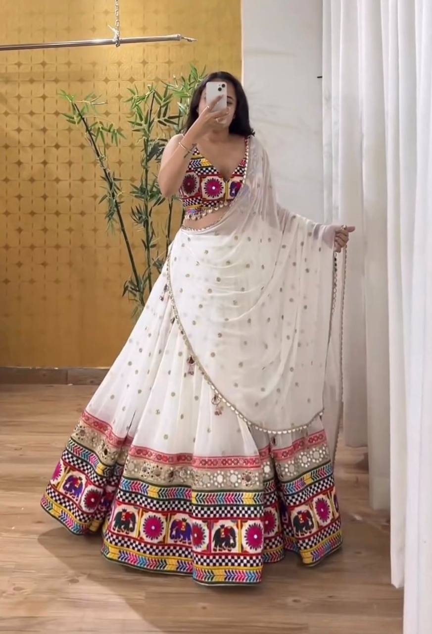 White Designer Faux Georgette Lehenga Choli Set with Real Mirror & Chain Stitch Work ClothsVilla