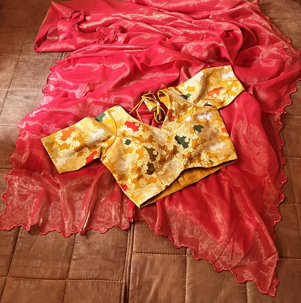 Elegant Gold Coin Red Saree with Arko Cut Work Border and Viscose Jacquard Blouse ClothsVilla