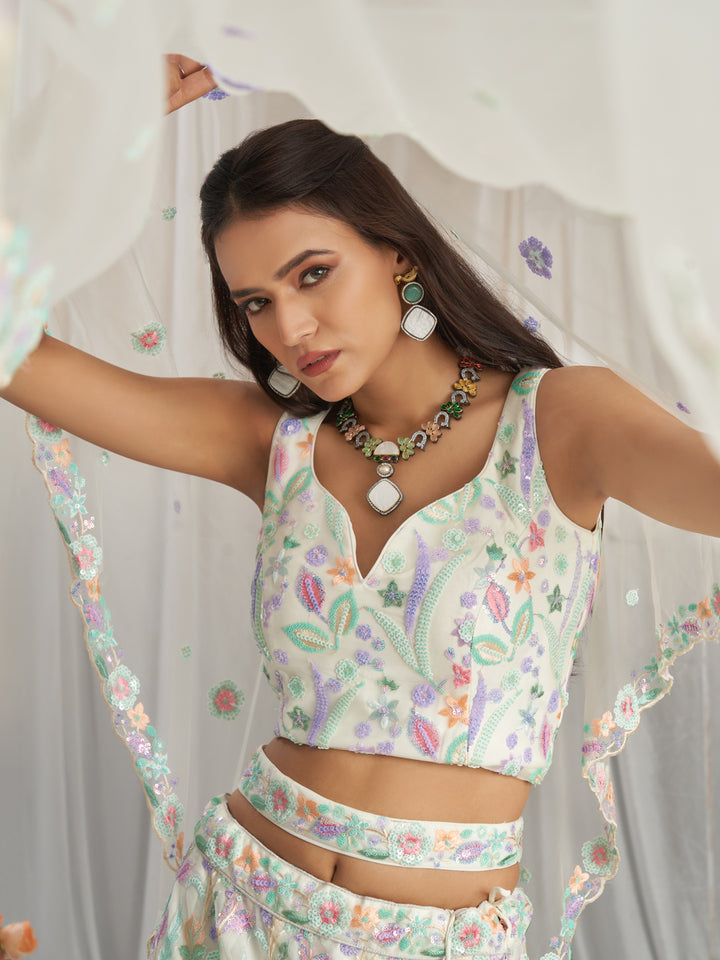 Cream Net Sequins embroidery Semi-Stitched Lehenga choli & Dupatta ClothsVilla