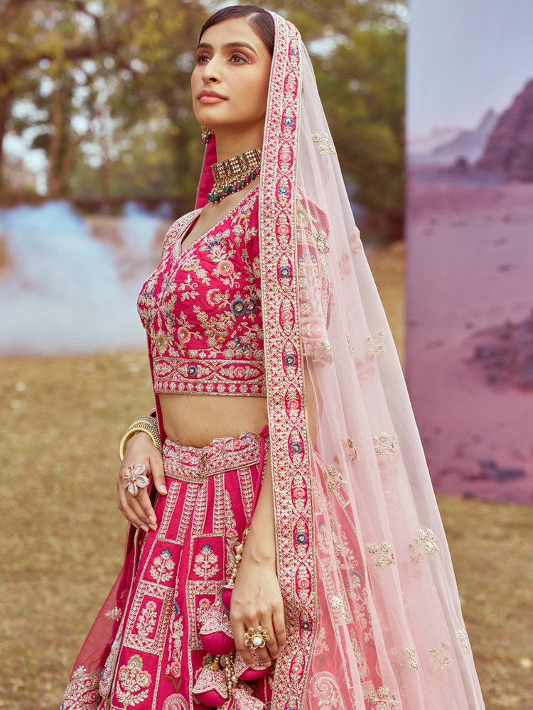 Pink Pure silk Moti, Sequins embroidery Semi-Stitched Bridel Lehenga choli & Dupatta ClothsVilla