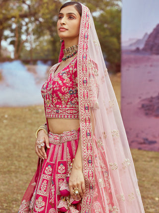 Pink Pure silk Moti, Sequins embroidery Semi-Stitched Bridel Lehenga choli & Dupatta ClothsVilla