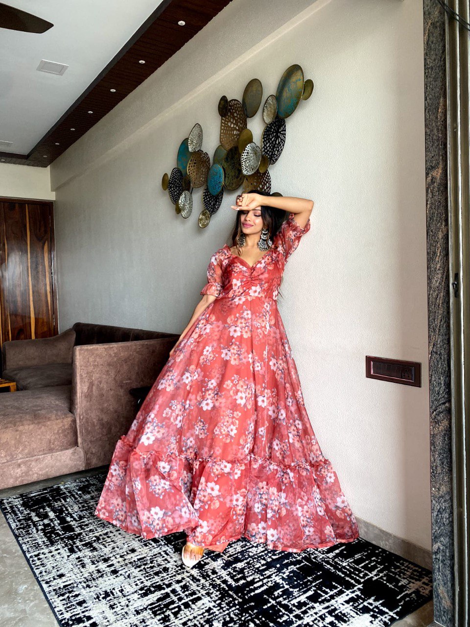 Radiant Salmon Summer Maxi Exclusive Organza Silk Elegance ClothsVilla