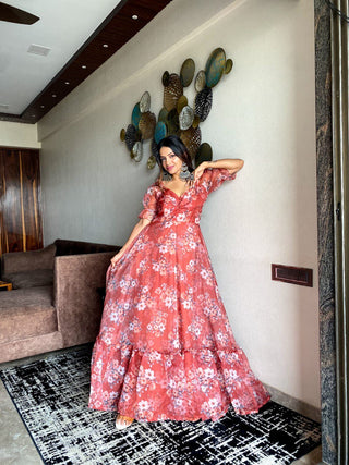 Radiant Salmon Summer Maxi Exclusive Organza Silk Elegance ClothsVilla