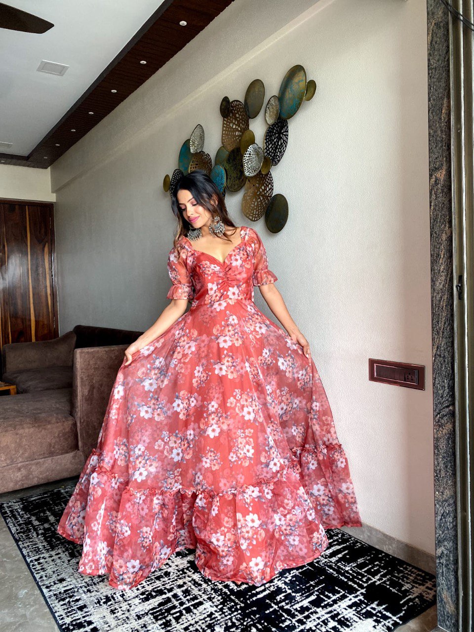 Radiant Salmon Summer Maxi Exclusive Organza Silk Elegance ClothsVilla