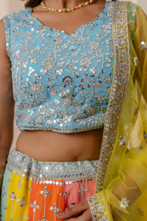 Rainbow Designer Faux Georgette Sequins Embroidered Lehenga Set with Net Dupatta ClothsVilla