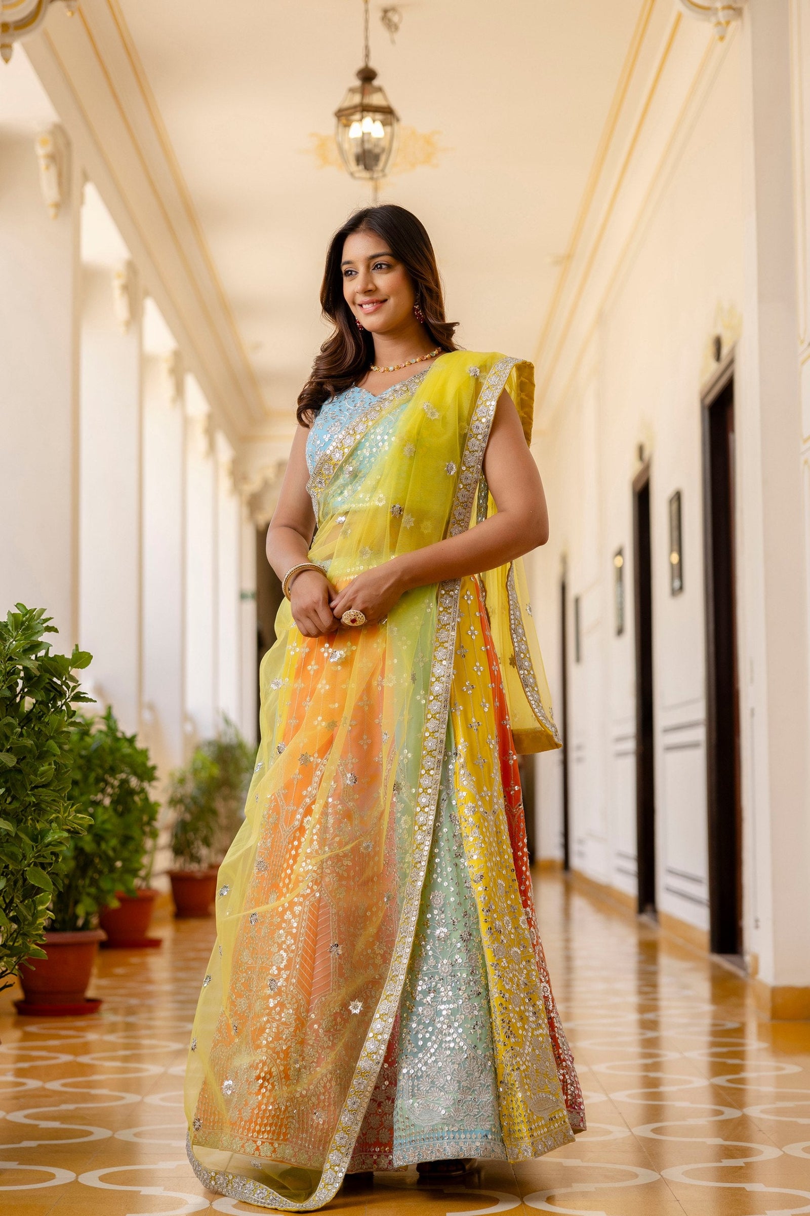 Rainbow Designer Faux Georgette Sequins Embroidered Lehenga Set with Net Dupatta ClothsVilla