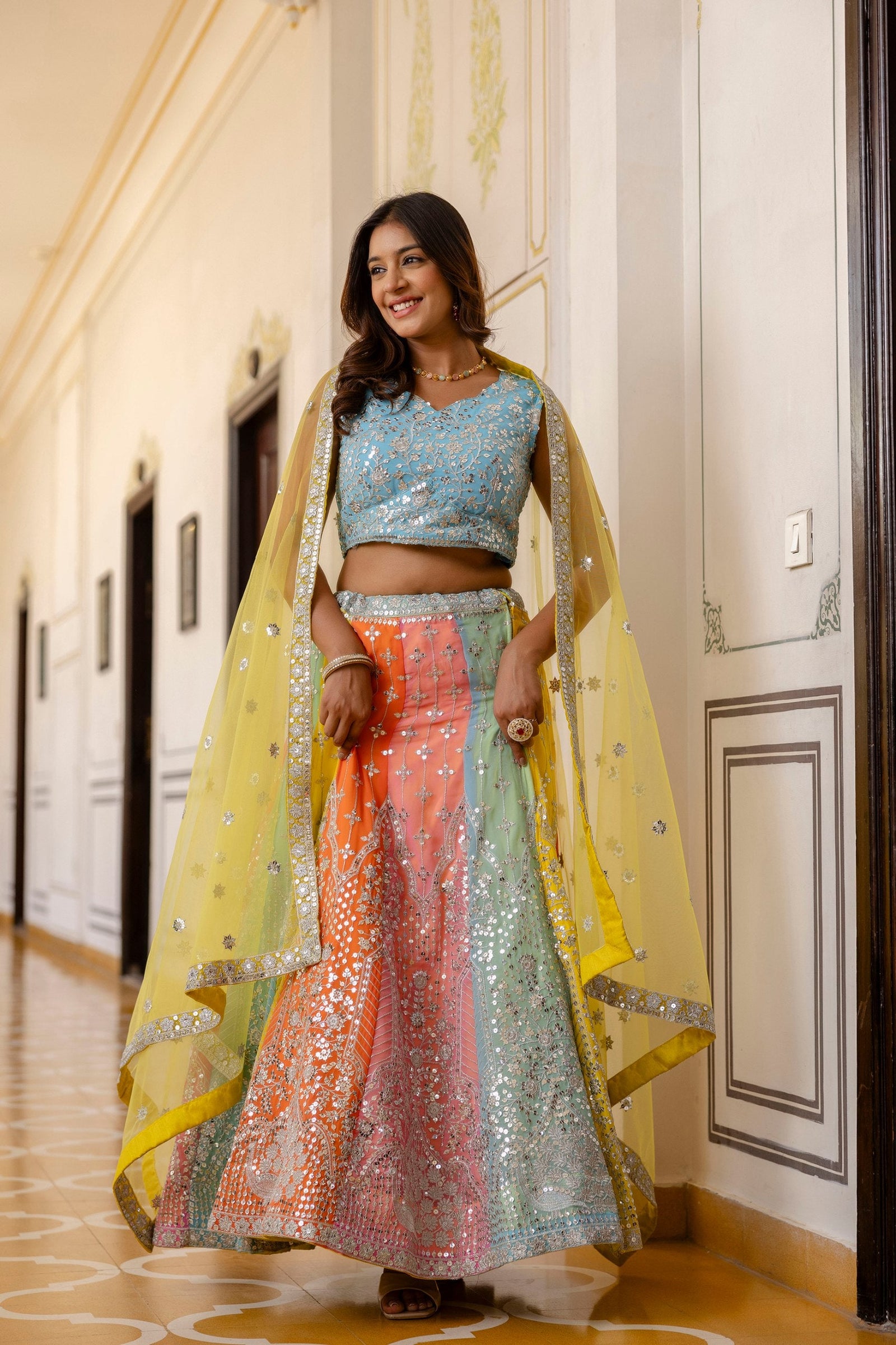 Rainbow Designer Faux Georgette Sequins Embroidered Lehenga Set with Net Dupatta ClothsVilla
