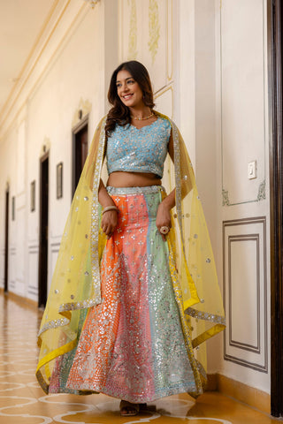 Rainbow Designer Faux Georgette Sequins Embroidered Lehenga Set with Net Dupatta ClothsVilla