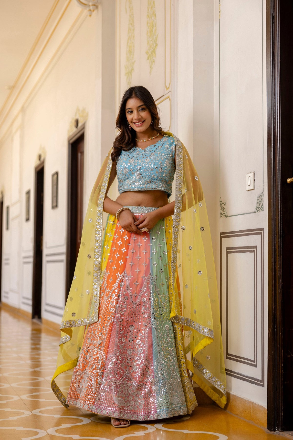 Rainbow Designer Faux Georgette Sequins Embroidered Lehenga Set with Net Dupatta ClothsVilla