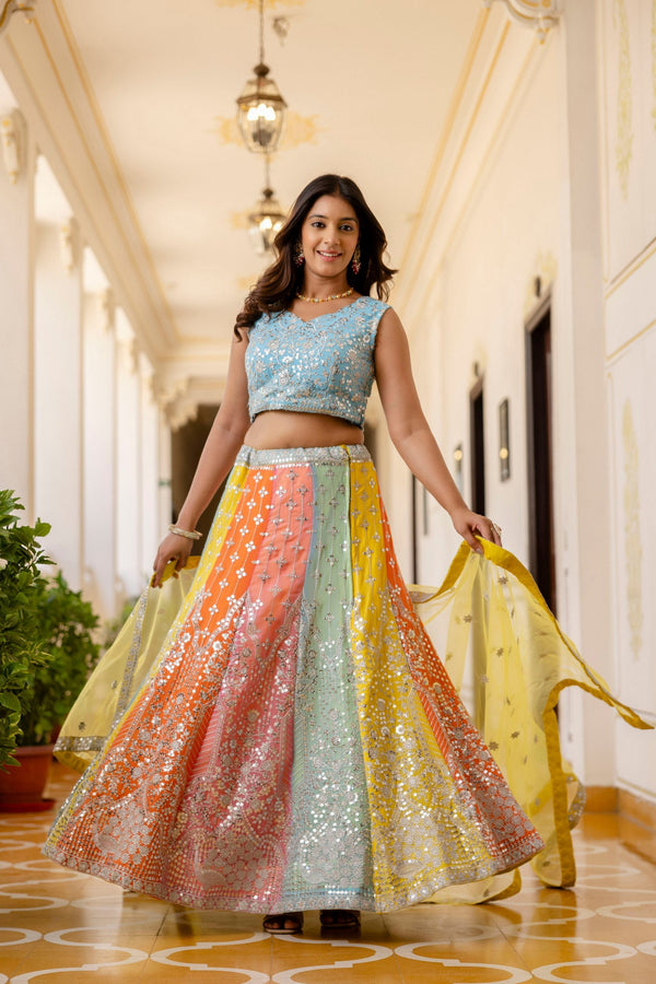 Rainbow Designer Faux Georgette Sequins Embroidered Lehenga Set with Net Dupatta ClothsVilla