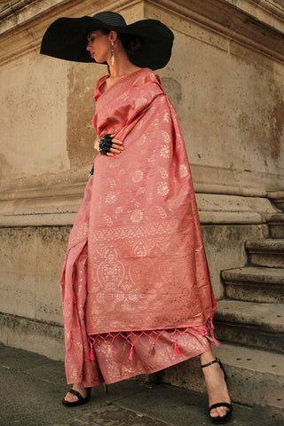 Peach Elegant Banarasi Silk Saree with Zari Weaving Blouse Pieces ClothsVilla