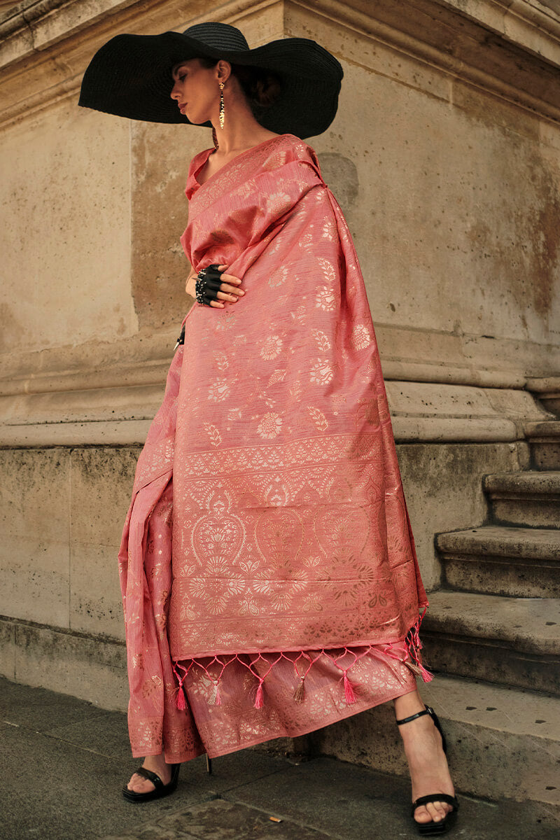 Peach Elegant Banarasi Silk Saree with Zari Weaving Blouse Pieces ClothsVilla