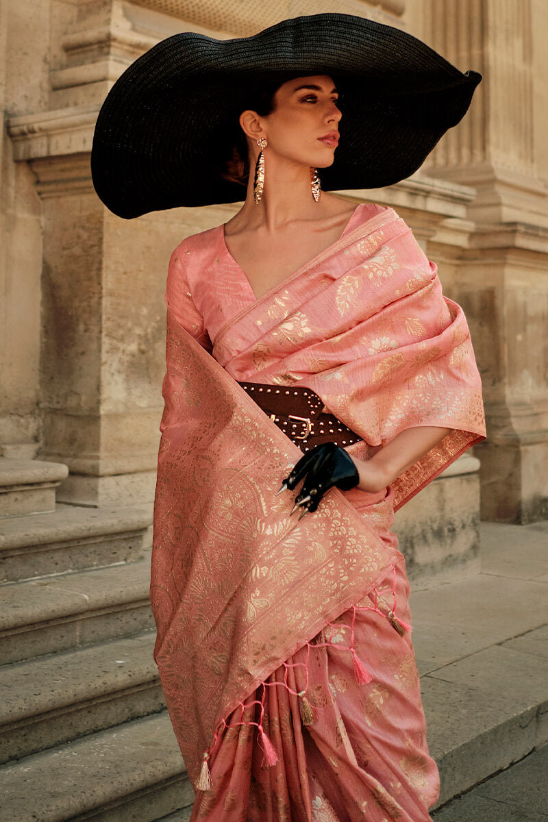 Peach Elegant Banarasi Silk Saree with Zari Weaving Blouse Pieces ClothsVilla