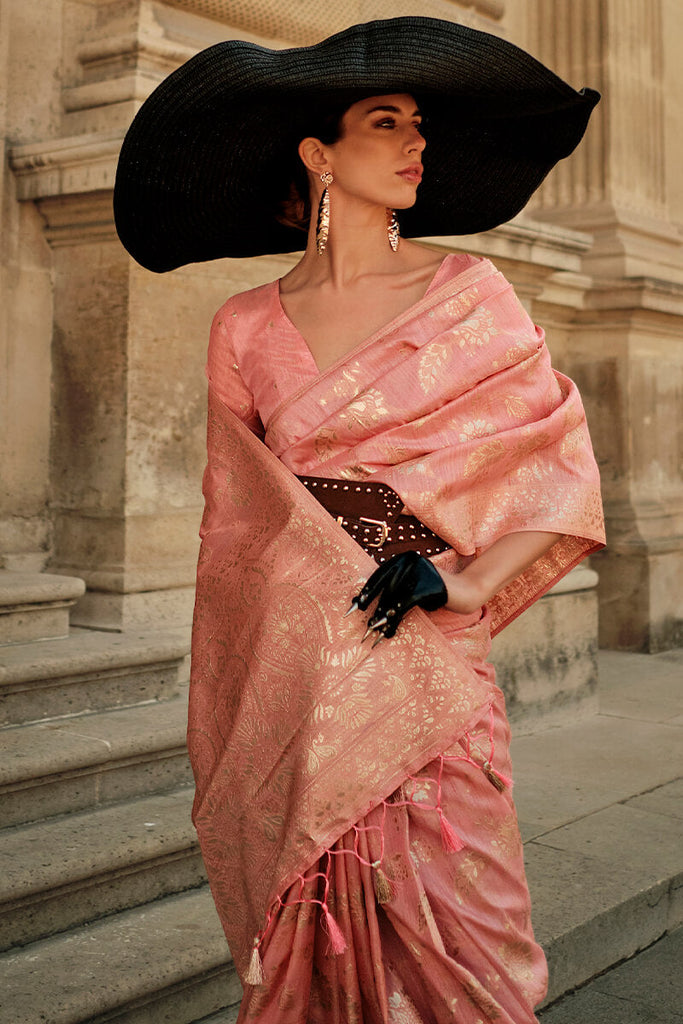 Peach Elegant Banarasi Silk Saree with Zari Weaving Blouse Pieces ClothsVilla