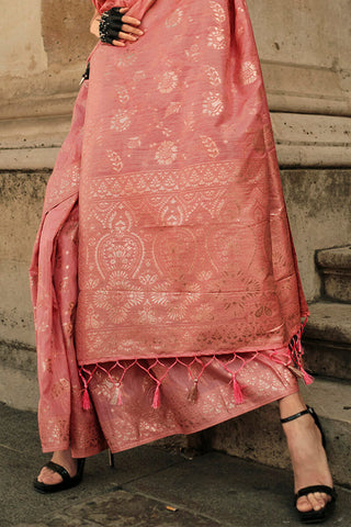 Peach Elegant Banarasi Silk Saree with Zari Weaving Blouse Pieces ClothsVilla