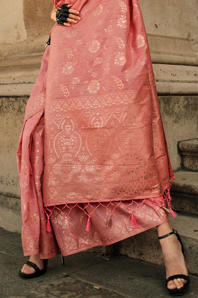 Peach Elegant Banarasi Silk Saree with Zari Weaving Blouse Pieces ClothsVilla