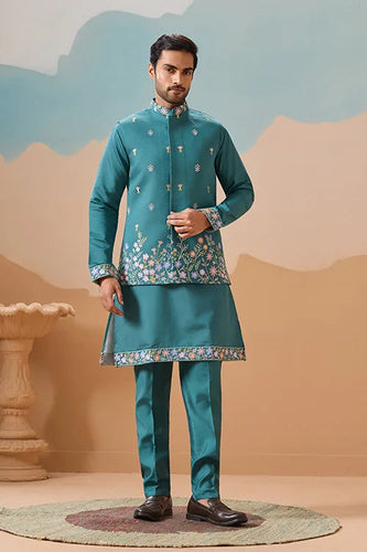 Wedding Party Outfit Rama Green Kurta Koti Pant for Men Clothsvilla