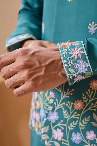 Wedding Party Outfit Rama Green Kurta Koti Pant for Men Clothsvilla