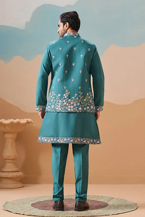 Wedding Party Outfit Rama Green Kurta Koti Pant for Men Clothsvilla