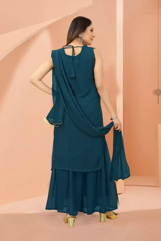 Stunning Rama Green Designer Sharara Kurti Dupatta Set - Embroidered Faux Georgette & Georgette ClothsVilla