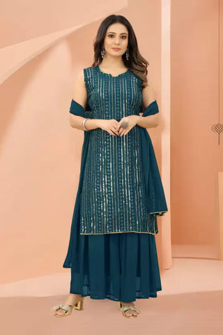 Stunning Rama Green Designer Sharara Kurti Dupatta Set - Embroidered Faux Georgette & Georgette ClothsVilla