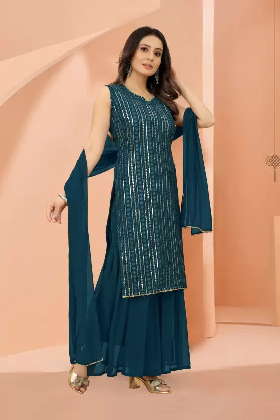 Stunning Rama Green Designer Sharara Kurti Dupatta Set - Embroidered Faux Georgette & Georgette ClothsVilla