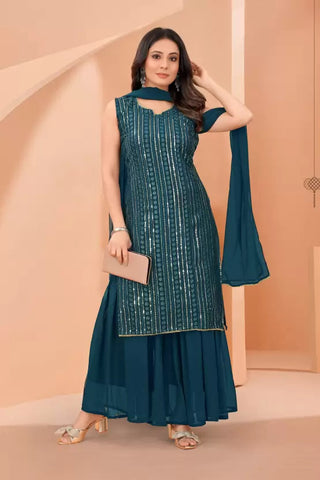 Stunning Rama Green Designer Sharara Kurti Dupatta Set - Embroidered Faux Georgette & Georgette ClothsVilla