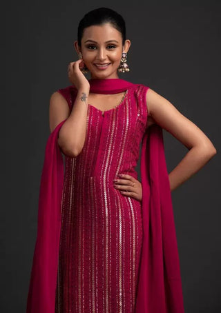 Stunning Rani Pink Designer Sharara Kurti Dupatta Set - Embroidered Faux Georgette & Georgette ClothsVilla