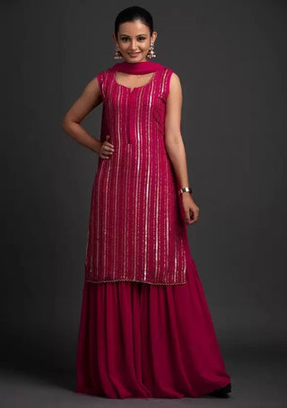 Stunning Rani Pink Designer Sharara Kurti Dupatta Set - Embroidered Faux Georgette & Georgette ClothsVilla