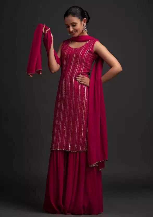 Stunning Rani Pink Designer Sharara Kurti Dupatta Set - Embroidered Faux Georgette & Georgette ClothsVilla
