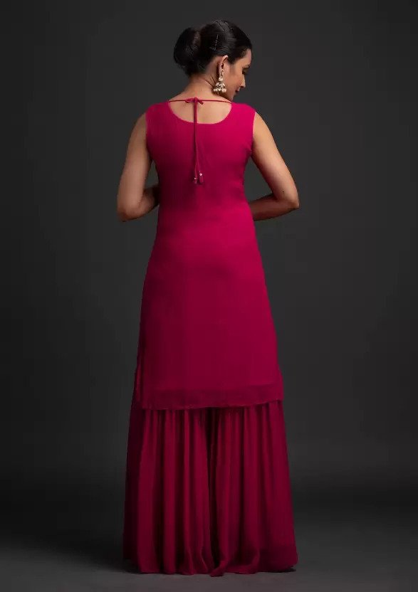 Stunning Rani Pink Designer Sharara Kurti Dupatta Set - Embroidered Faux Georgette & Georgette ClothsVilla