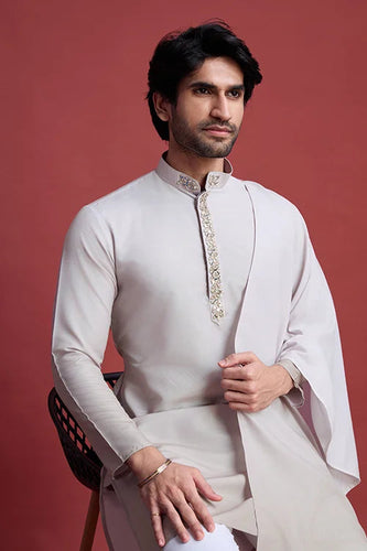 Designer Beige Kurta Set for Men with Mirror Work Clothsvilla
