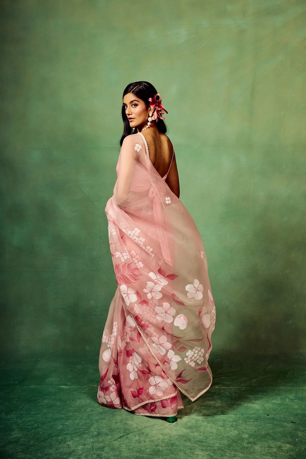 Rose Pink Pure Organza Saree with Hand-Painted Multi-Floral Motifs & Sequin Highlights | Satin Blouse FANCY SAREES
