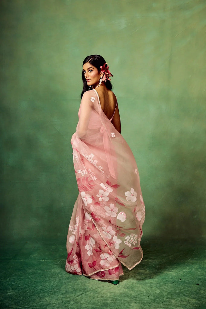 Rose Pink Pure Organza Saree with Hand-Painted Multi-Floral Motifs & Sequin Highlights | Satin Blouse FANCY SAREES
